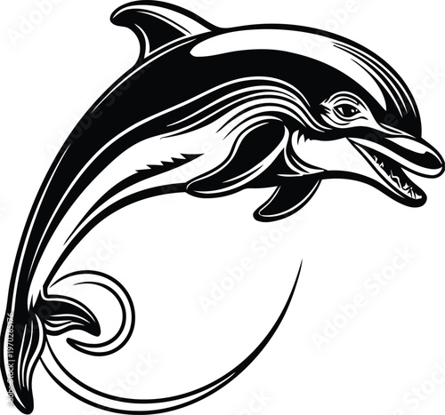 A detailed black and white illustration of a graceful dolphin leaping through the ocean waves