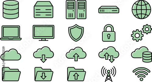 Computer and cloud security icon set. Cyber protection, padlock, shield, server, network and data backup symbols. Technology safety logotypes. Vector illustration.