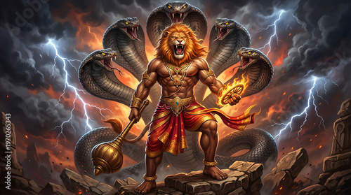 Lord Narasimha with Serpent Guardians – Hindu Mythology Art
