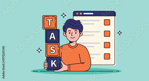 Man Holding Blocks Spelling Task Next to Checklist.