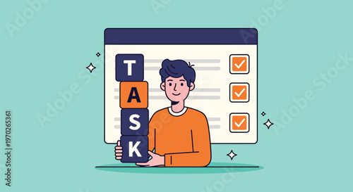 Man with Task Blocks and Checklist on Screen.