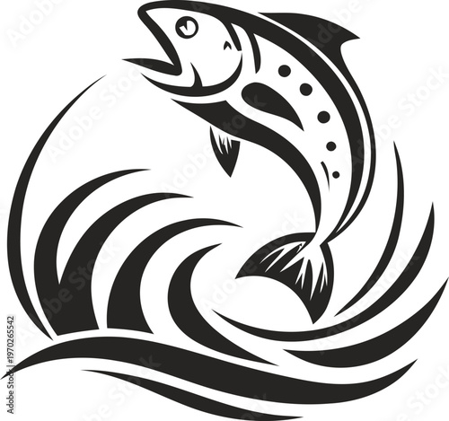 A stylized black and white illustration of a fish leaping out of abstract ocean waves design.