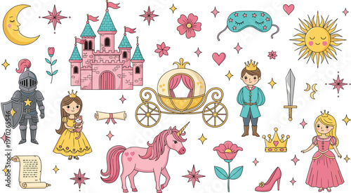 Fairy Tale and Princess Vector Illustration with Castles, Unicorns, Knights, and Royal Accessories for Fantasy, Children’s Design, and Magical Themes