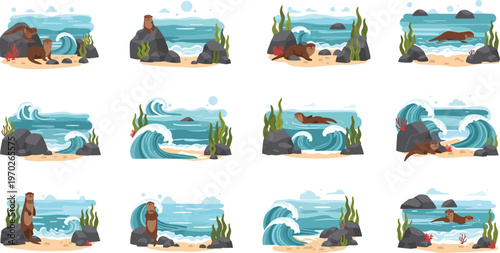 Playful otter vector set in coastal beach scenes with ocean waves rocks sea plants and cute wildlife illustrations