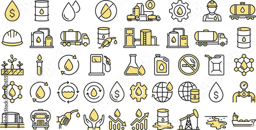 Oil and gas industry icon set. Petroleum and fuel symbols. Refinery and energy logotypes. Vector illustration.