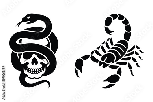 Snake wrapped around skull and scorpion symbol