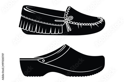 Black silhouette of a moccasin shoe and a clog shoe vector illustration