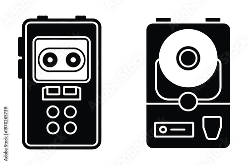Black silhouette vector illustration of a cassette tape recorder and a cd player