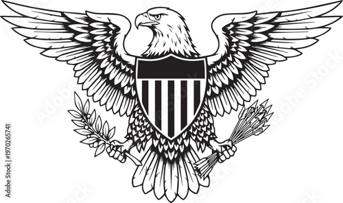 American eagle symbol, patriotic shield, black and white vector icon, national emblem