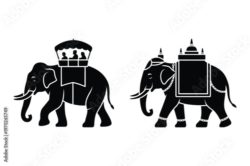Two elephants with riders and ceremonial adornments, black silhouette, vector