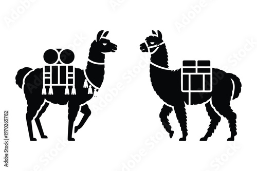 Two llamas carrying packs, black silhouette, andes illustration