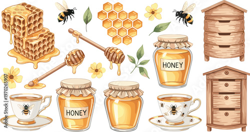 Honey Bee and Honey Jar Collection Vector Illustration with Honeycomb, Beehive, and Floral Elements for Natural Products, Farm, and Agriculture Designs