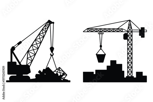 Black silhouette illustration of a construction crane lifting materials