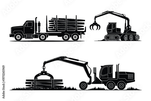Logging truck, grapple loader, and log stacker in silhouette, construction