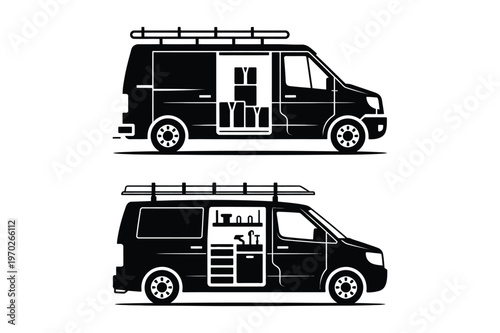 Camper van conversion with interior and roof rack, side view