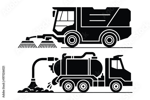 Street sweeper truck and vacuum truck, black and white icons