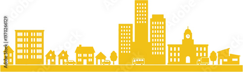 City skyline silhouette graphic. Urban landscape symbols. Town architecture and building logotypes. Vector illustration.