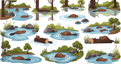 Beaver Habitat Illustration Collection with River Pond Scenes Dams Logs and Wetland Nature Cartoon Vector Set