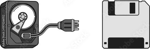 A black and white vector illustration showing a detailed internal hard disk drive with a connected power cable on the left and a retro floppy diskette icon on the right.