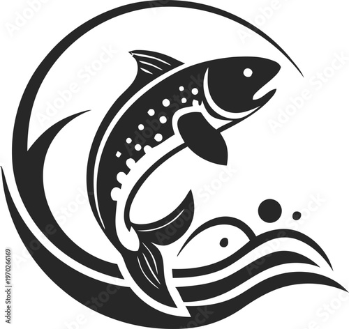 A minimalist black and white graphic illustration featuring a trout leaping from water waves