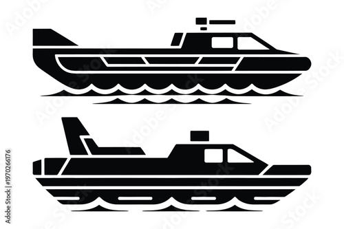 Motorboat and speedboat on water, side view