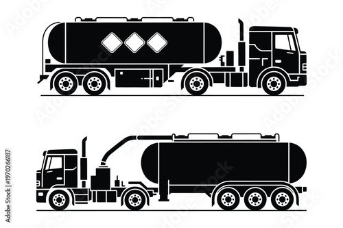 Tanker truck and fuel truck delivering liquid, side view
