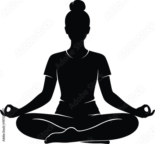 Silhouette of person in meditative yoga pose with mudra gesture, symbolizing mindfulness, relaxation, inner peace, spirituality, and wellness for lifestyle and design concepts.
