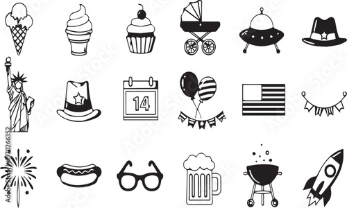 4th of July icons, American Independence Day symbols, patriotic clip art, black and white graphics