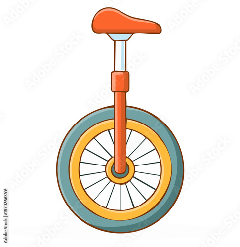 Cartoon illustration of a unicycle with colorful elements and a seat