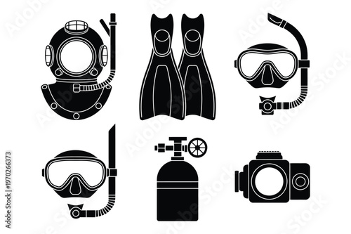 Scuba diving equipment collection, underwater exploration symbols