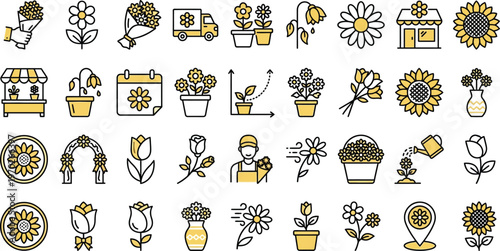 Flower and floral icon set. Florist shop and bouquet symbols. Gardening and plant delivery logotypes. Vector illustration.