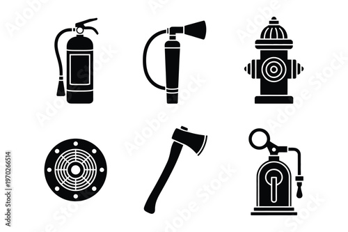 Set of firefighting equipment including extinguisher, hydrant, axe, and hose noz