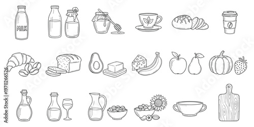 Breakfast and organic food icons set with milk honey bread fruits and vegetables vector