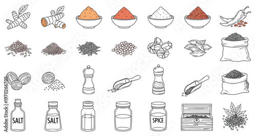 Spices and herbs seasoning vector illustration with containers and kitchen tools for culinary design