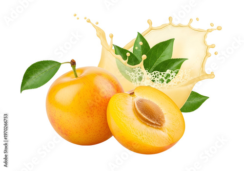 Juicy yellow plums with a splash of creamy juice and fresh green leaves against a black background.