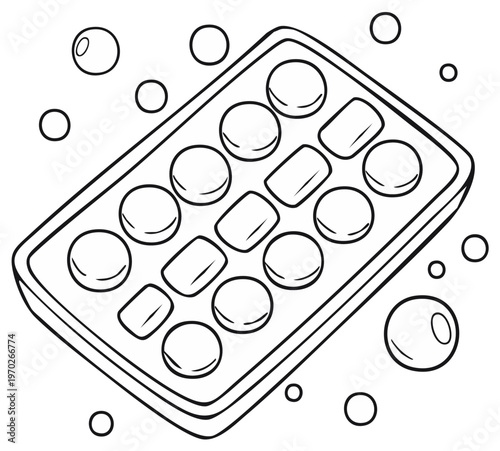 Abstract illustration of a pill dispenser with scattered circles and tablets