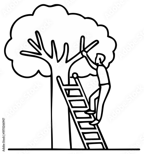 Illustration of a man climbing a ladder reaching into a tall tree to harvest fruit or prune branches, with bold clean black outline.