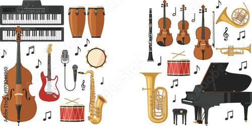 Musical Instruments Collection Vector Illustration with Guitars, Pianos, Drums, Violins, and Wind Instruments for Music, Performance, and Art Designs