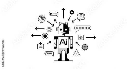 Artificial intelligence robot central to network of information and communication symbols representing learning data processing interconnected systems and futuristic technology development