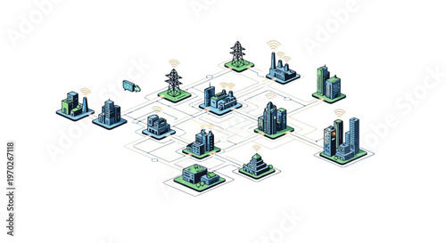 Illuminating a connected urban landscape with dispersed smart buildings across an isometric grid representing city planning and technological infrastructure development for a futuristic
