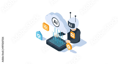 Artificial intelligence concept with a robot character interacting with cloud data and digital technology interfaces representing future artificial intelligence development and machine learning