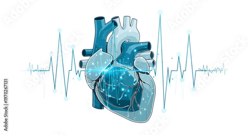 Abstract portrayal of a human cardiac organ with intricate digital network connections and a vital heart rhythm waveform signifying medical health science and technological advancement in