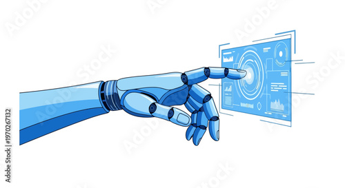 Innovative robotic hand interacting with a futuristic digital interface displaying complex data and technological advancements for artificial intelligence and automation concepts