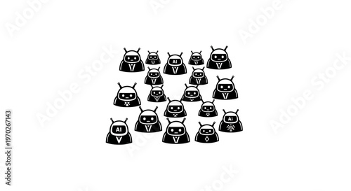 Collection of numerous identical black alien figures wearing suits and ties arranged in a group on a bright surface representing concepts of uniformity community business or conformity in a