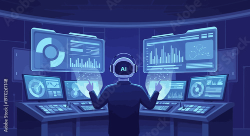 Visionary operator wearing headset commanding advanced futuristic technology interface with data streams and digital displays in a high tech command center showcasing artificial intelligence and