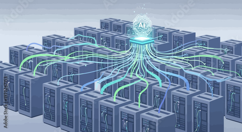 Digital AI data processing network concept with interconnected servers and glowing central unit showing information flow and artificial intelligence technology powering advanced information
