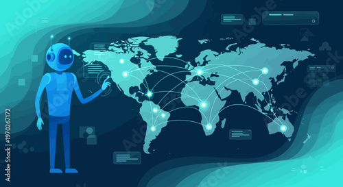 Futuristic robotic character exploring global data connections and digital networks over a stylized world map depicting interconnectedness and international communication with luminous nodes and