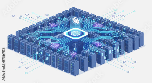 Visualize the intricate network of advanced artificial intelligence processing with a central biometric security system surrounded by computing hardware depicting digital innovation and