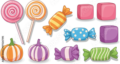 Candy Collection Vector Illustration with Lollipops, Gummies, and Colorful Wrapped Sweets for Food, Dessert, and Sweet Treat Designs