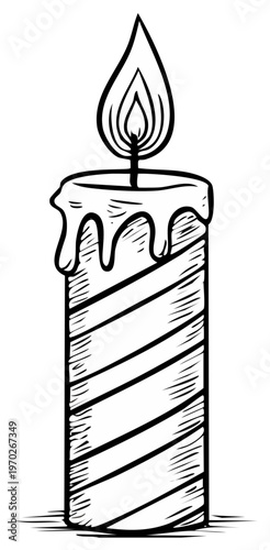 Hand drawn illustration of a striped candle with melting wax and a bright flame